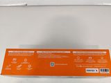 the back of a white box with an orange label on it