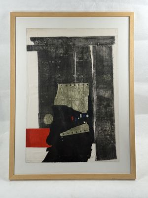 painting of a black cat sitting in a window sill with a red curtain
