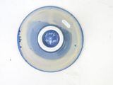 underside view of a blue and white bowl with a white rim