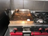 a dirty stove top in a kitchen with a burner on it