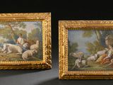 pair of paintings of a shepherd and his flock in a wooded setting