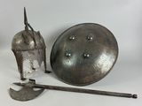 an image of a helmet, axe, and shield on a white background