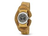 une image représentant une montre-bracelet avec un bracelet en cuir et un cadran noir