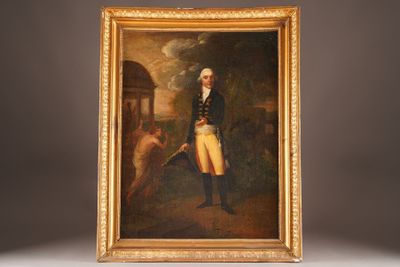 a painting of a man in a uniform standing in front of a building