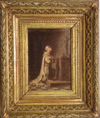 un tableau représentant un homme en robe, debout devant un miroir