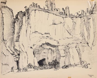 un dessin en noir et blanc représentant une grotte dans les montagnes