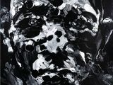 une peinture en noir et blanc représentant le visage d'un homme sur fond noir
