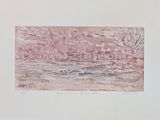 drawing of a house in a field with trees in the background
