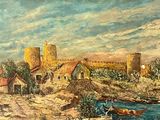 a painting of a painting of a castle by the water