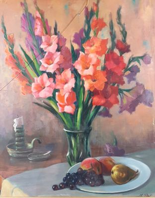 a painting of a vase of flowers and fruit on a table