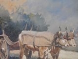 a painting of two oxen pulling a cart on a dirt road