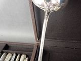 a silver spoon in a case with silver spoons in it