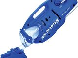a close up of a blue vacuum cleaner on a white background