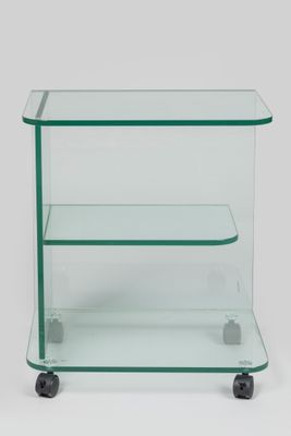 a glass shelf with three shelves on wheels on a white background