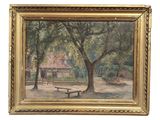 an oil painting of a park scene with a bench under a tree