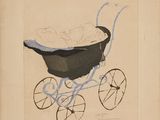 un vieux dessin représentant un landau avec un bébé dedans