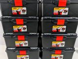 six black plastic storage boxes stacked on top of each other
