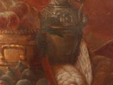 painting of a still life with a silver vase and fruit on a table