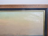 an oil painting of a sailboat in a calm sea with a distant horizon