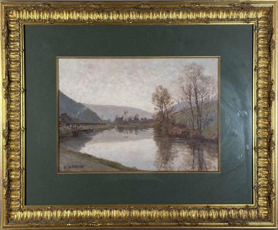 tableau représentant une scène fluviale avec un pont au loin et des arbres au premier plan