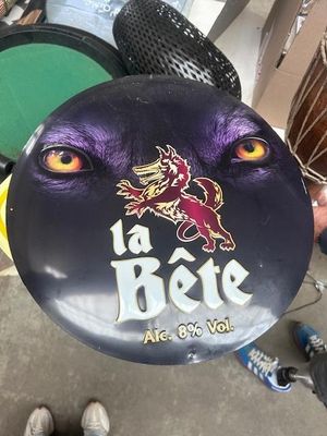 someone is holding a frisbee with a picture of a dog ' s face on it