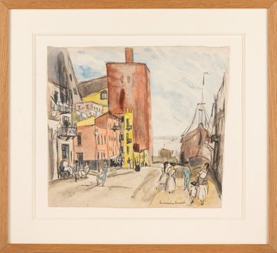 une image représentant une aquarelle illustrant une scène de rue avec une calèche