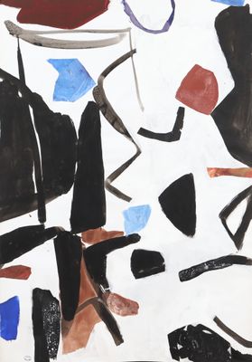 an abstract painting of various shapes and colors on a white background