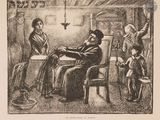 a drawing of a man sitting in a chair talking to a woman