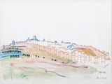 painting of a view of a city from a hill with a bridge