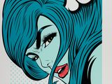a close up of a poster of a woman with blue hair