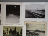 several black and white photographs of a bridge over a body of water