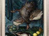 an oil painting of a bird and a dead bird on a table