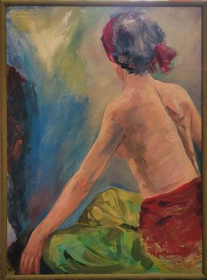 a painting of a woman sitting in front of a mirror