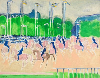 a painting of horses and jockeys racing on a track