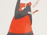une illustration représentant une femme en robe rouge, coiffée d'une couronne