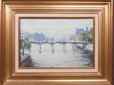 tableau représentant un pont enjambant un plan d'eau, avec un bâtiment en arrière-plan