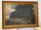 a picture of a painting of a herd of sheep in a forest