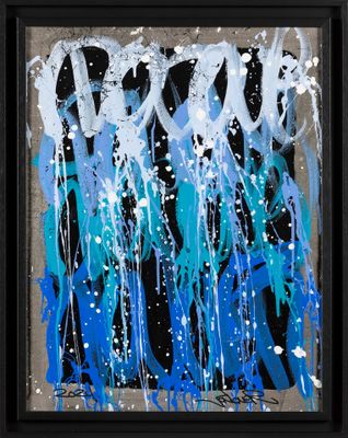 a painting of blue and white paint on a black background