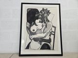 a black and white drawing of a woman sitting on a chair