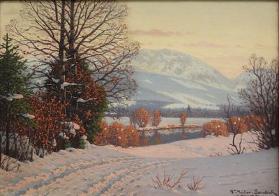 tableau représentant un paysage enneigé avec une rivière et des montagnes en arrière-plan