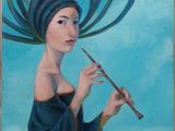 an oil painting of a woman playing a flute on a sunny day