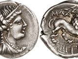 a silver coin with an image of a woman and a horse on it