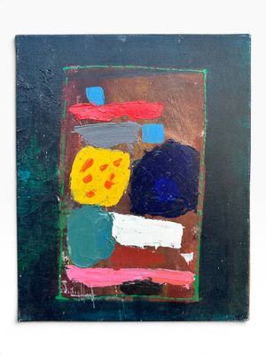abstract painting of a square with different colored shapes on a black background