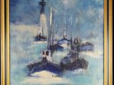 une peinture à l'huile représentant un bateau sur un plan d'eau, avec un phare en arrière-plan