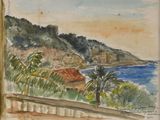 tableau représentant une vue sur l'océan depuis une fenêtre, avec des palmiers en arrière-plan