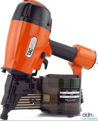 an orange and black staple stapler with a black container on a white background