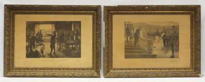 two framed pictures of a couple of people standing in front of a building