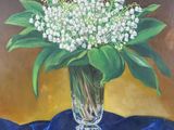 a painting of a vase of flowers on a blue cloth