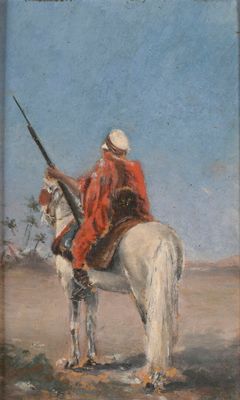 painting of a man on a white horse with a gun in his hand
