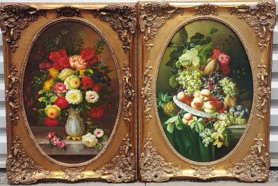 two paintings of flowers and fruit in a vase on a table